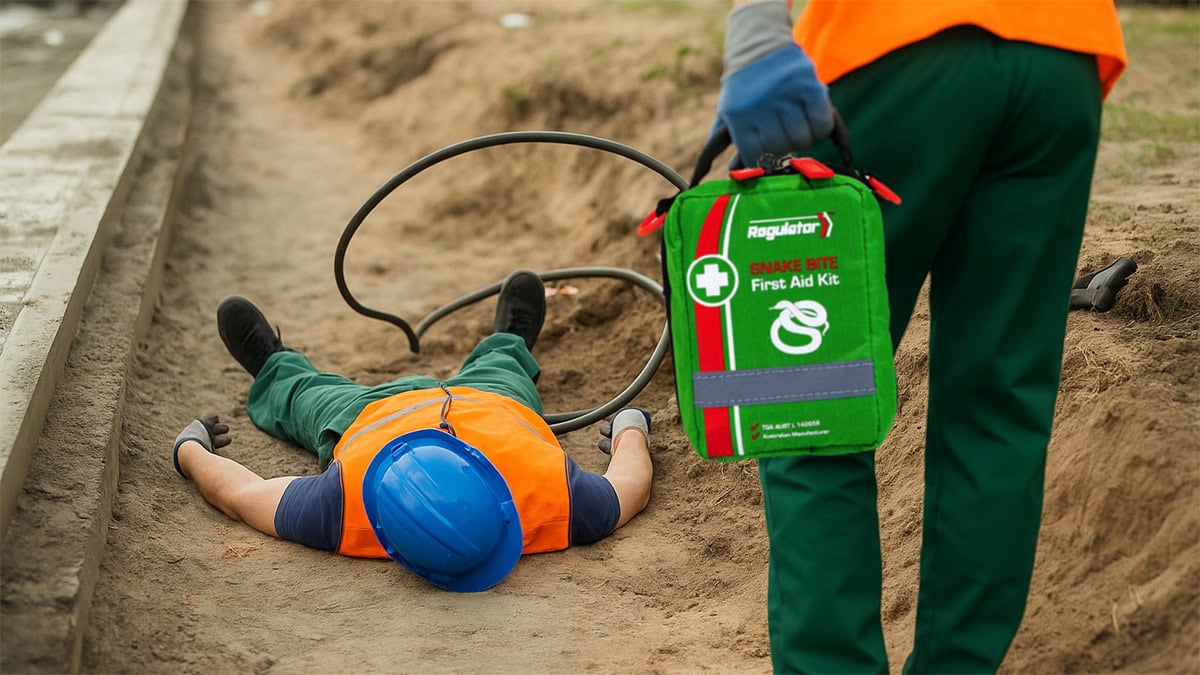 Snake Bite First Aid Kit for Tradies. A tradie with a high-vis vest holding the kit on a worksite.